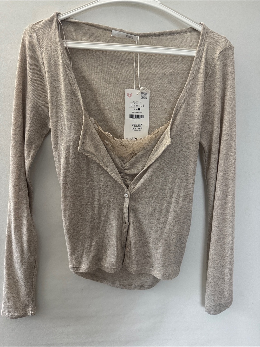 Zara Beige Lace-Trim Long Sleeve V-Neck Top